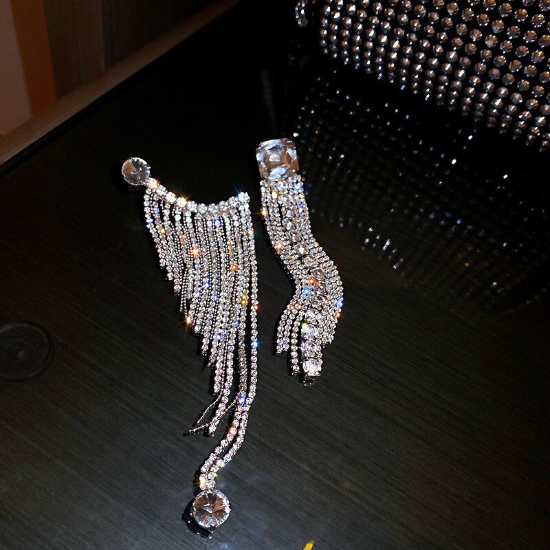Women Long Tassel Crystal Shine Full Rhinestone Asymmetry Drop Earrings