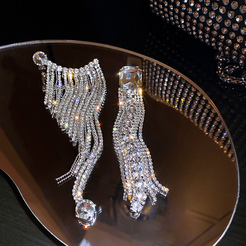 Women Long Tassel Crystal Shine Full Rhinestone Asymmetry Drop Earrings