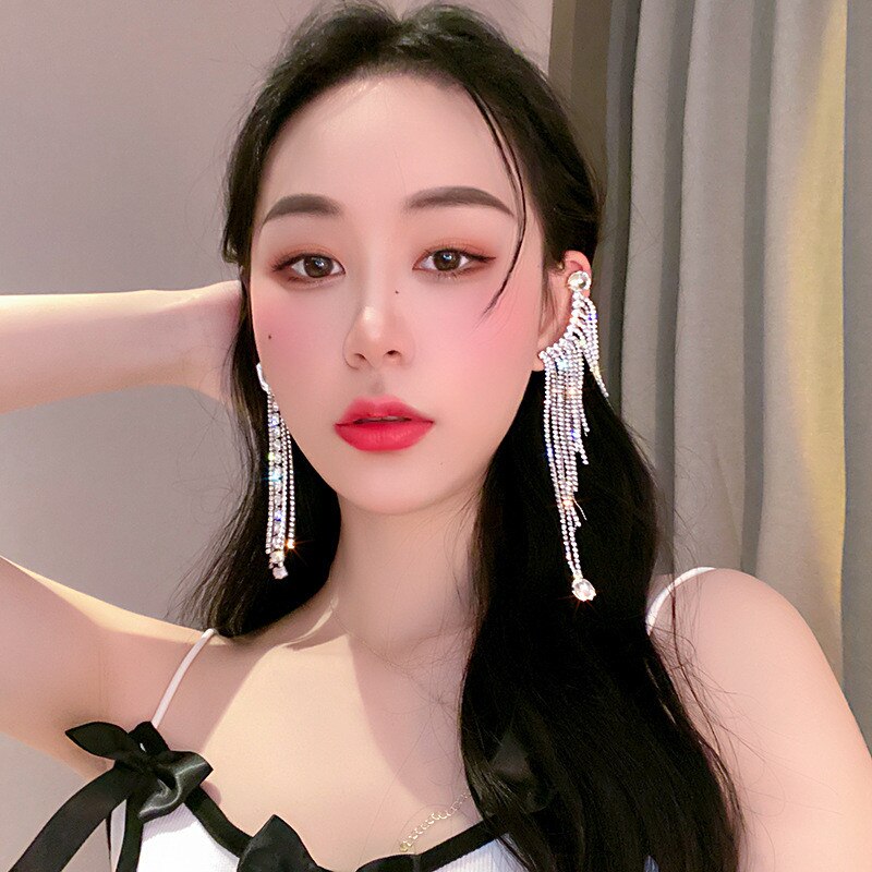 Women Long Tassel Crystal Shine Full Rhinestone Asymmetry Drop Earrings