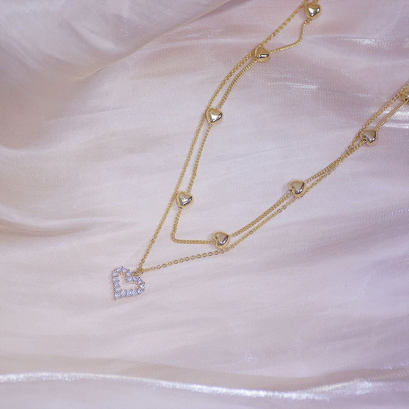 Gold Color Double Layer Heart Necklace Shining Bling AAA Zircon