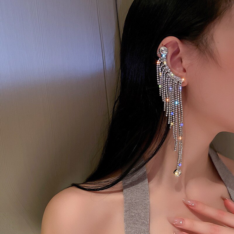 Women Long Tassel Crystal Shine Full Rhinestone Asymmetry Drop Earrings