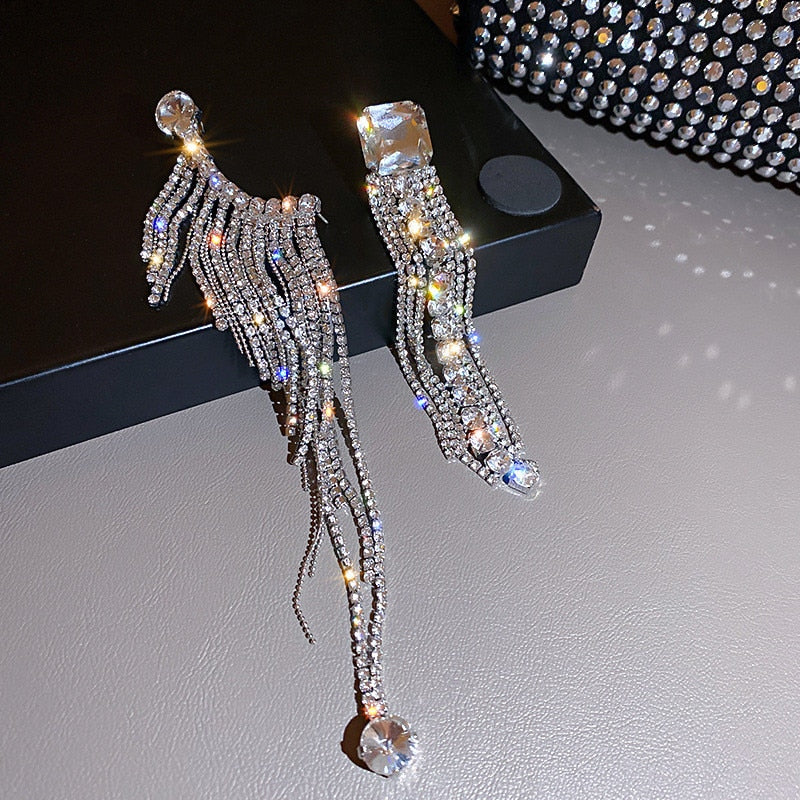 Women Long Tassel Crystal Shine Full Rhinestone Asymmetry Drop Earrings