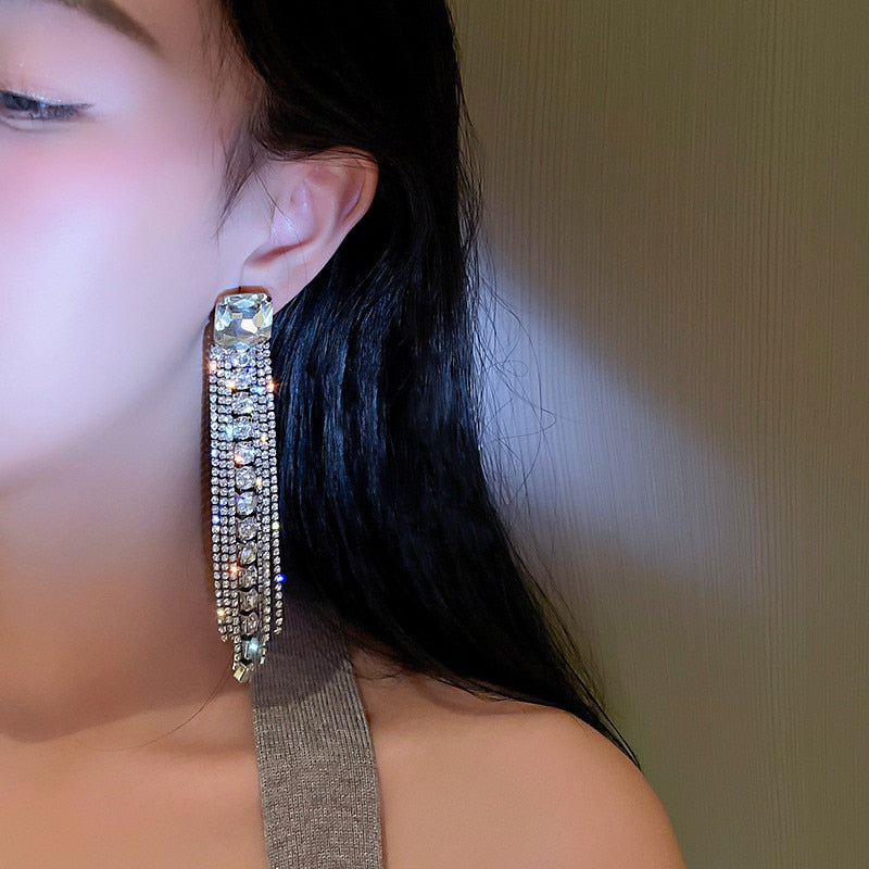 Women Long Tassel Crystal Shine Full Rhinestone Asymmetry Drop Earrings