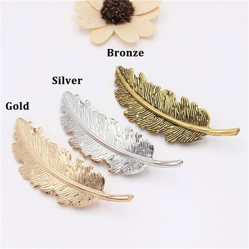 Women New Alloy Vintage Hair Clip Feather Leaf Shape Barrette Metal Hairpins