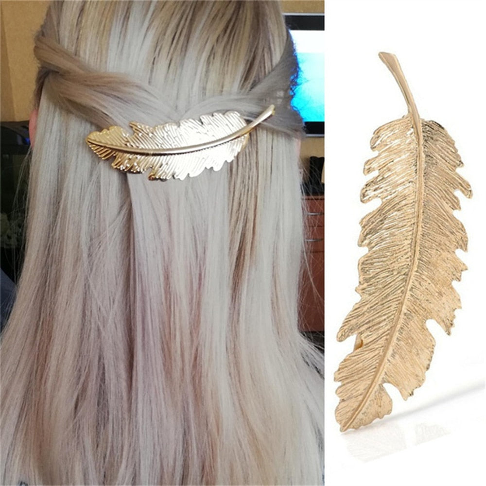 Women New Alloy Vintage Hair Clip Feather Leaf Shape Barrette Metal Hairpins
