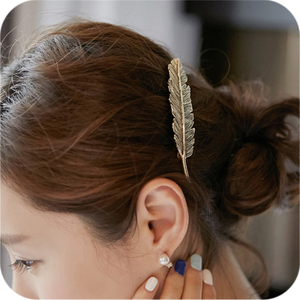 Women New Alloy Vintage Hair Clip Feather Leaf Shape Barrette Metal Hairpins