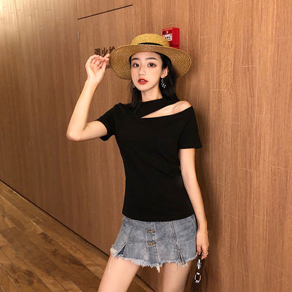 Summer Women's Off-Shoulder Short-Sleeve T-Shirt Slim Fit  Irregular Top