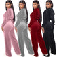 Fashion Women's Winter casual suits  Long Sleeve Velvet Zipper Coat and Pants 2-piece sportswear set