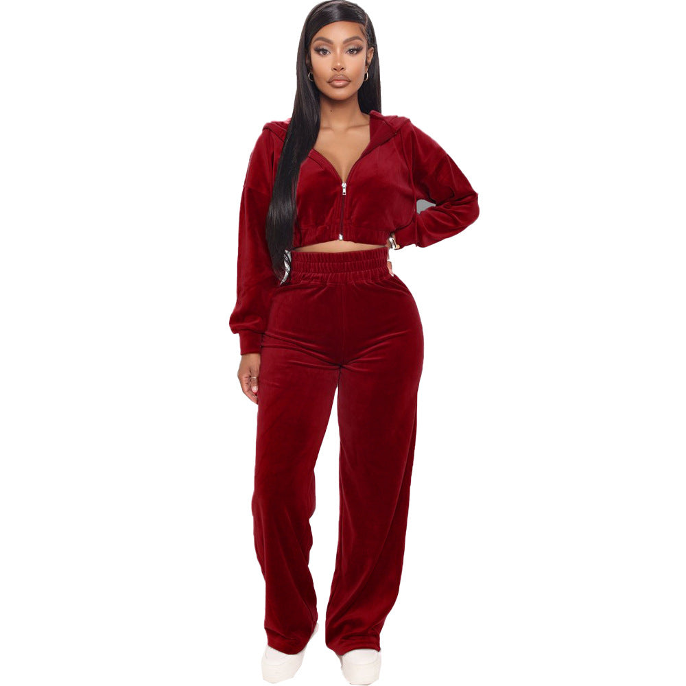 Fashion Women's Winter casual suits  Long Sleeve Velvet Zipper Coat and Pants 2-piece sportswear set