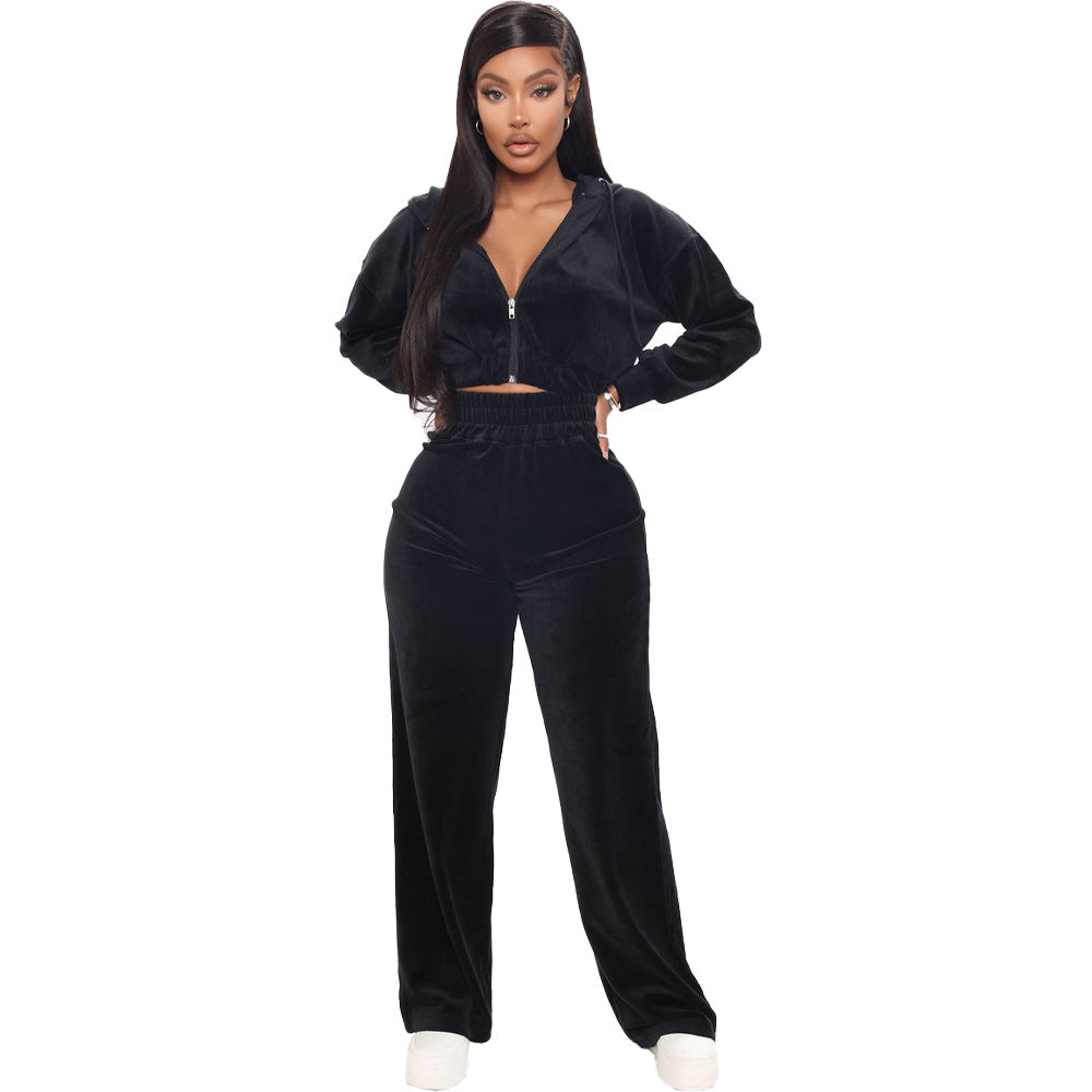 Fashion Women's Winter casual suits  Long Sleeve Velvet Zipper Coat and Pants 2-piece sportswear set