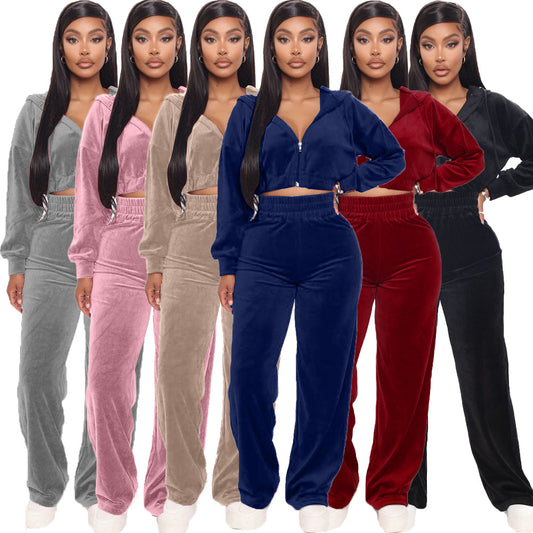 Fashion Women's Winter casual suits  Long Sleeve Velvet Zipper Coat and Pants 2-piece sportswear set