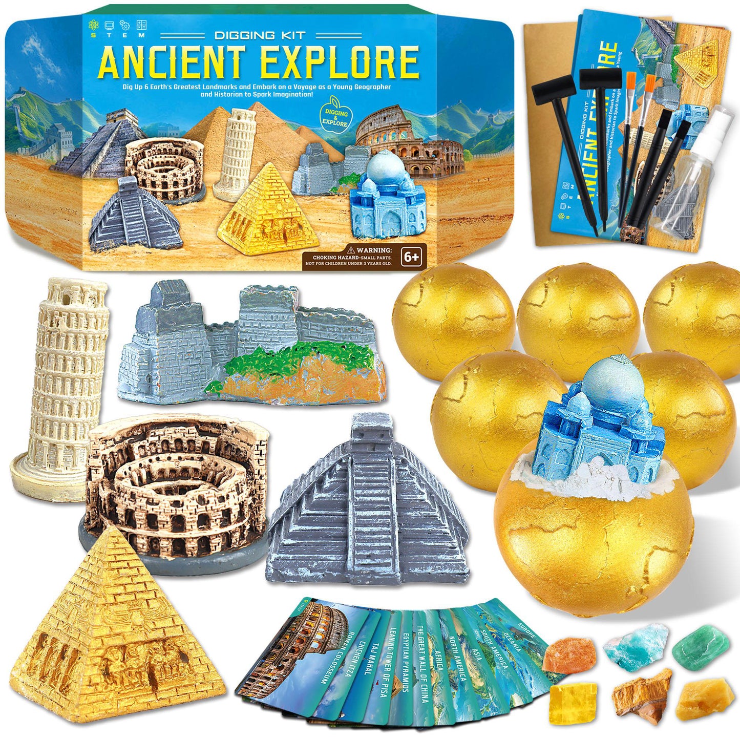 Ancient Wonders Dig Toys Kit, 6-in-1 Wonders of The World Excavating Toys Set, Dig Up 6 Earth’s Landmarks, Science Educational Toys Set, Geology Historic STEM Toy for Kid, Gift for Boy and Girl Age 6+