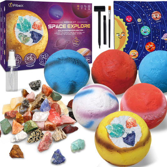 6-IN-1 Planets Gemstone Dig Toys Kit, Dig Up 30 Real Rocks, Minerals & Crystals Toys Kit, Solar System Exploration Toys Set, STEM Project Toy, Gift for Boys and Girl Age 6+