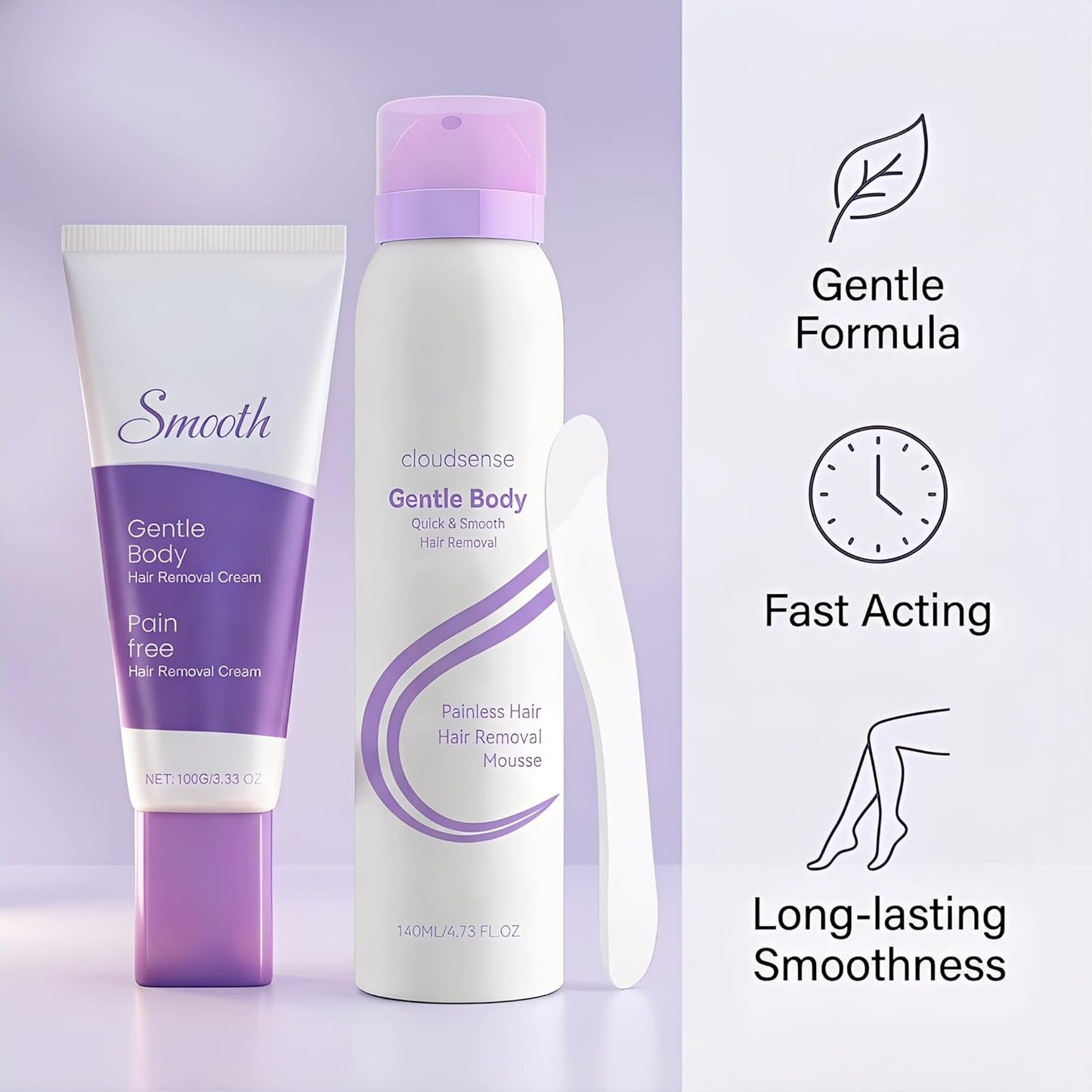 Hair Removal Cream & Mousse Combo Set – Fast-Acting Gentle Depilatory for Women & Men, Includes 100g Tube + 140ml Foam with Scraper, Smooth Spray