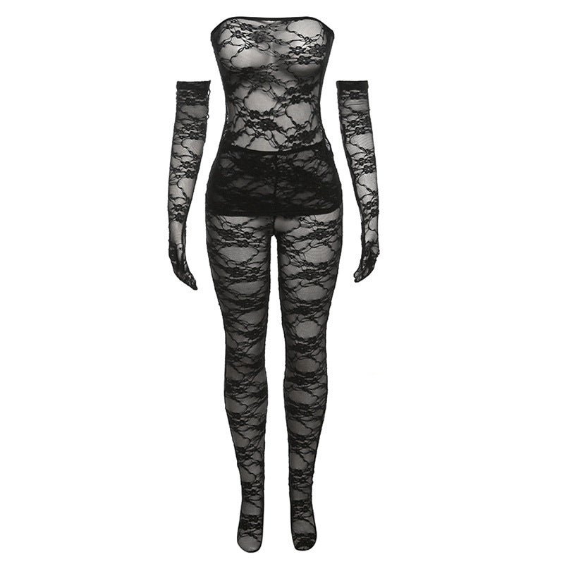 European and American style autumn women's new sexy lace top high waisted tight fitting stockings and pants set for women