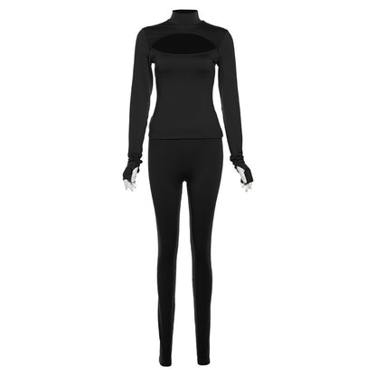 European and American Autumn Women's New Sexy Hollow Fit Long sleeved Top High Waist Tight Casual Pants Set