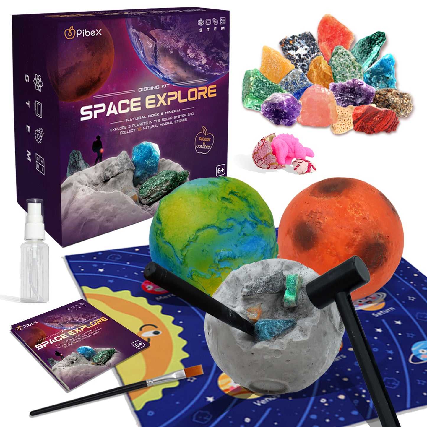 Kids Gemstone Dig Toys Kit, 3-IN-1 Solar System Excavating Toys Set, Dig Up 15 Genuine Rocks & Minerals, Planets Explore Experiment STEM Project Toys Kit, Gift for Boy and Girl Age 6+