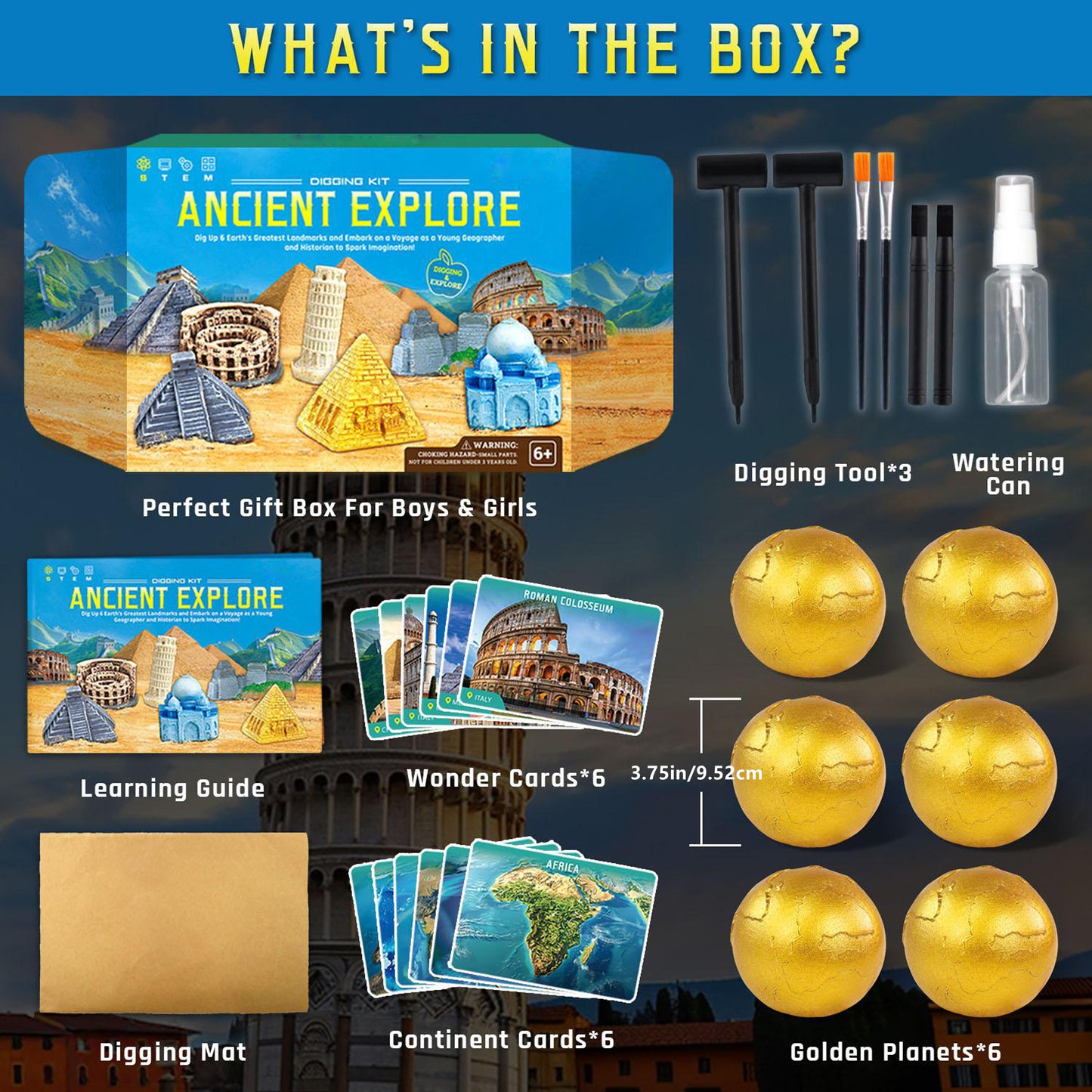 Ancient Wonders Dig Toys Kit, 6-in-1 Wonders of The World Excavating Toys Set, Dig Up 6 Earth’s Landmarks, Science Educational Toys Set, Geology Historic STEM Toy for Kid, Gift for Boy and Girl Age 6+