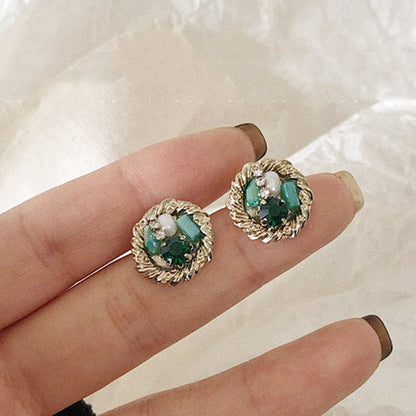 1 Pair Women Rhinestone Round Earrings Fashion Elegant Vintage Stud Earrings Jewerly Accessories