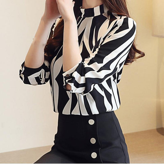 1 Pcs Women Autumn Long Sleeve Chiffon Shirts Fashion Striped Stand Collar Temperament Shirts