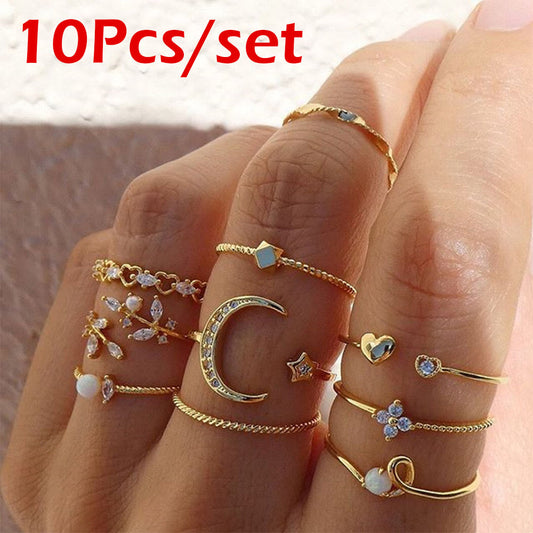 10 Pcs/Set Women Crystal Leaf Flower Moon Star Opening Heart Rings Fashion Geometric Gold Pearl Ring Jewelry