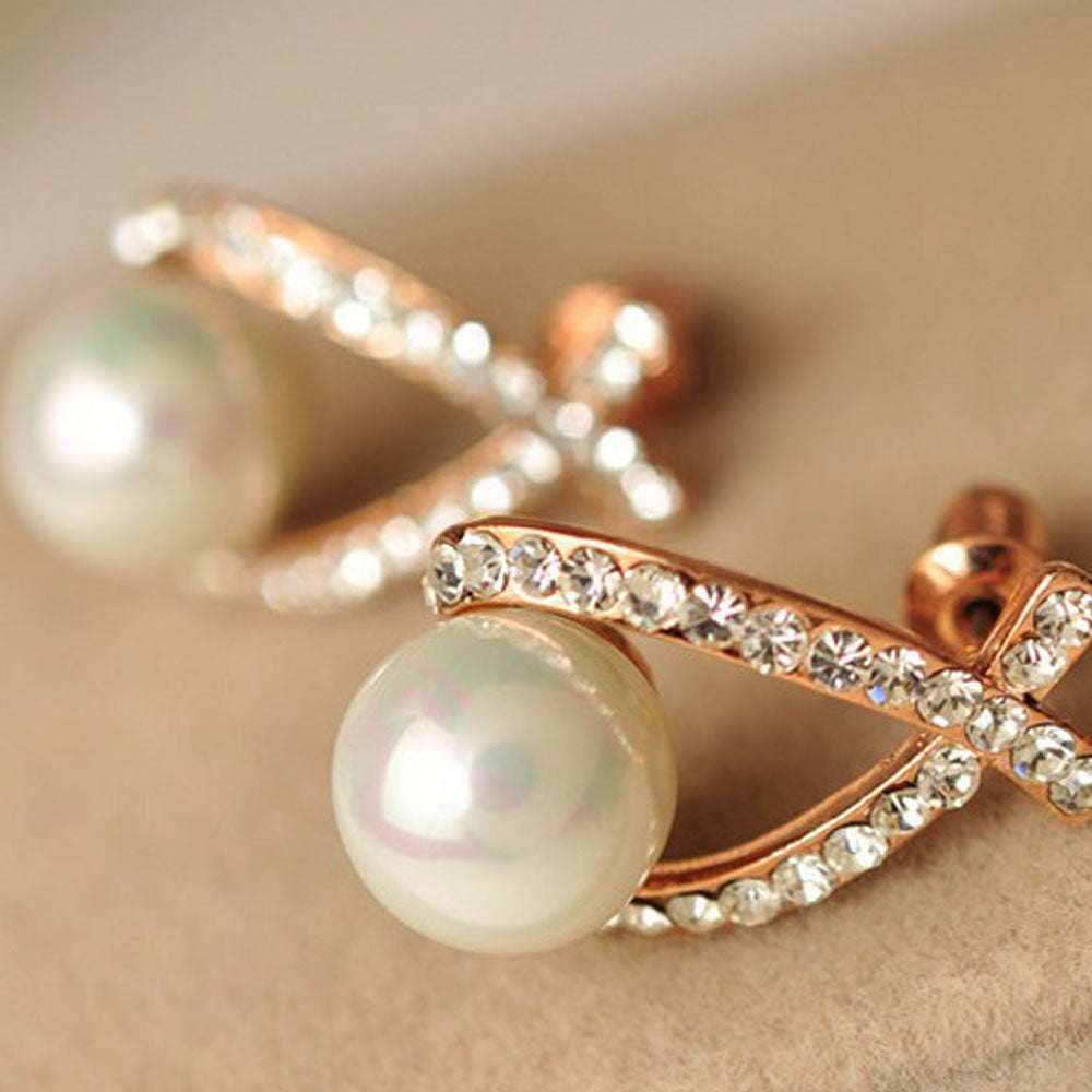 One Pair Women Cross Rhinestone Pearls Stud Earrings Fashion Sweet Elegant Earrings