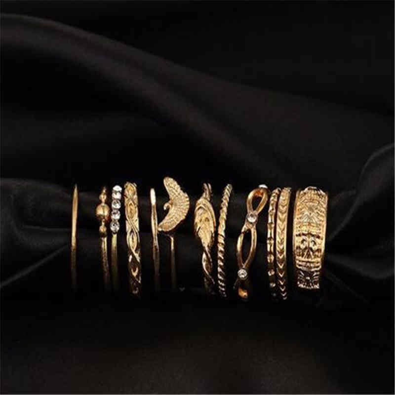 12 Pcs /Set Women Combination Ring Set Gold Color Inlay Diamond Carved Pattern Alloy Joint Ring