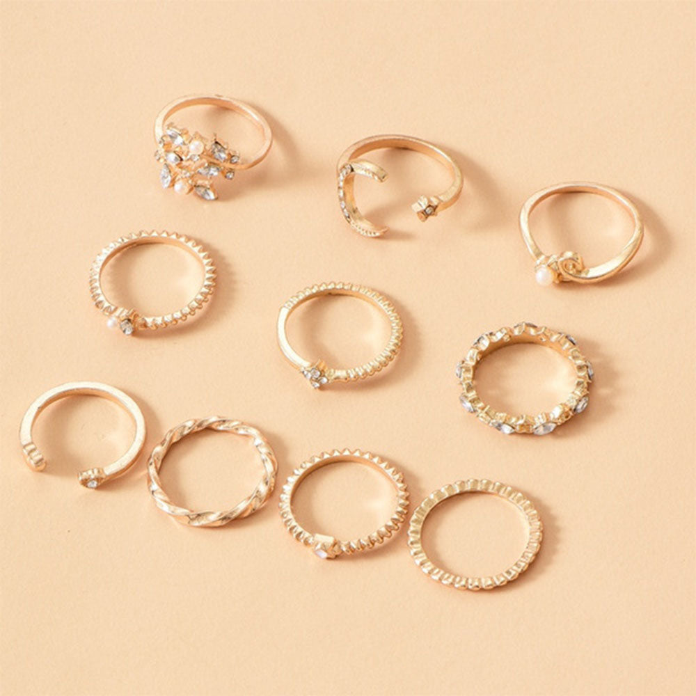 10 Pcs/Set Women Crystal Leaf Flower Moon Star Opening Heart Rings Fashion Geometric Gold Pearl Ring Jewelry