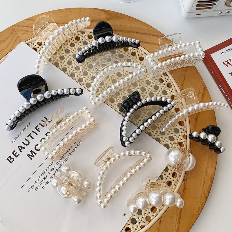 Women Elegant Big Pearls Hair Clip Acrylic Hair Claw Clips Big Size