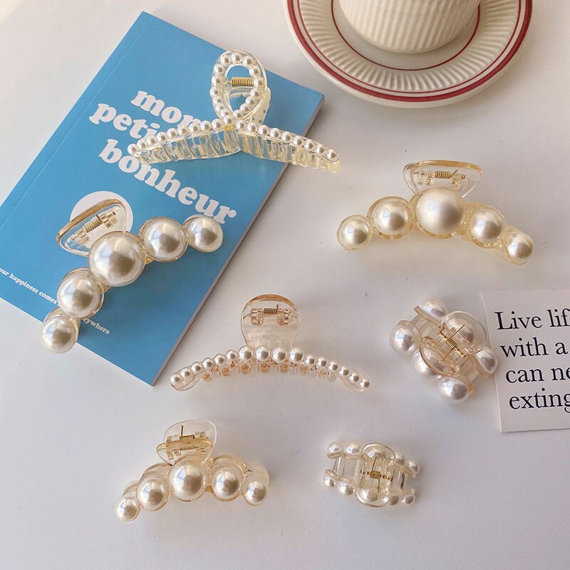Women Elegant Big Pearls Hair Clip Acrylic Hair Claw Clips Big Size
