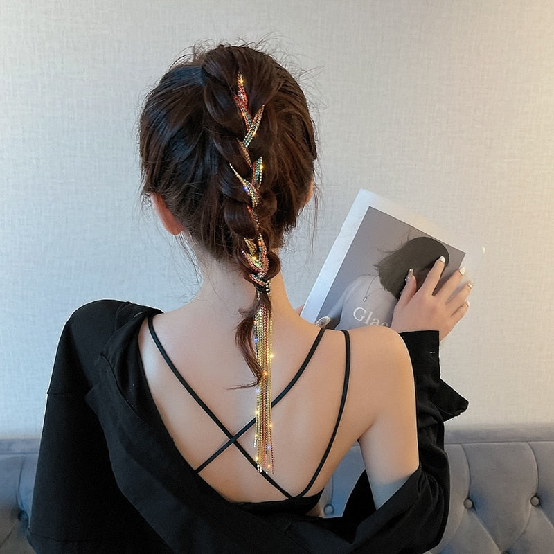 Flashing Diamond Chain Tassel Hairpin Braided Hair Headdress