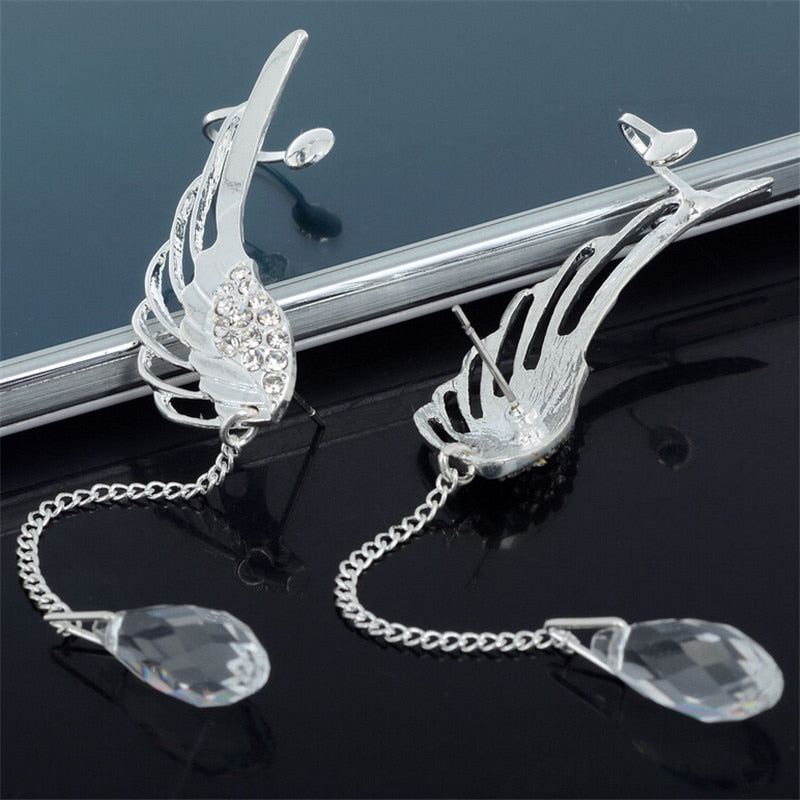 New Silver Plated Angel Wing Stylist Crystal Earrings Drop Dangle Ear Stud For Women