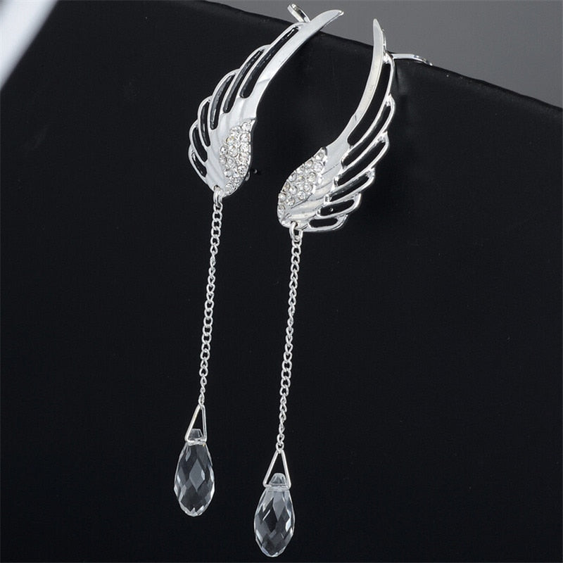 New Silver Plated Angel Wing Stylist Crystal Earrings Drop Dangle Ear Stud For Women