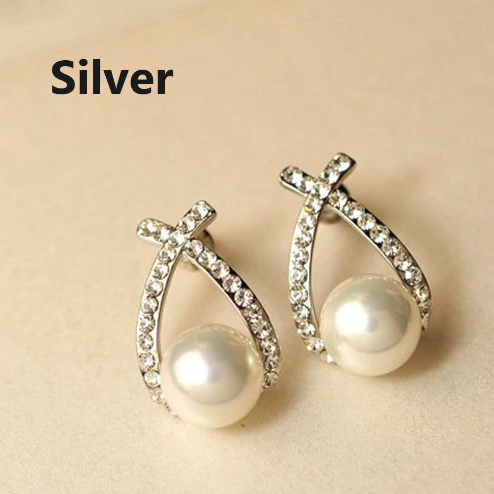 One Pair Women Cross Rhinestone Pearls Stud Earrings Fashion Sweet Elegant Earrings