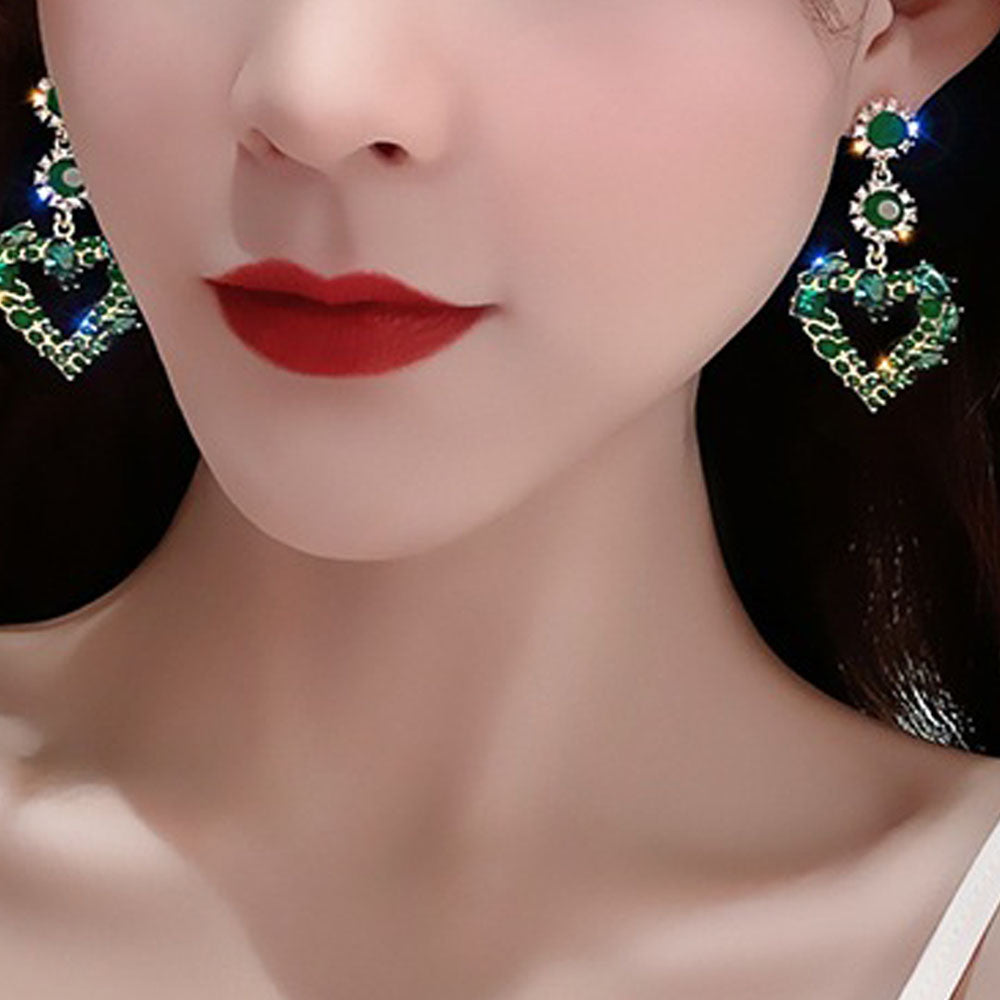 1 Pair Lady Heart Shaped Drop Earrings Fashion Elegant Party Green Rhinestone Ear Stud Jewelry Accessories