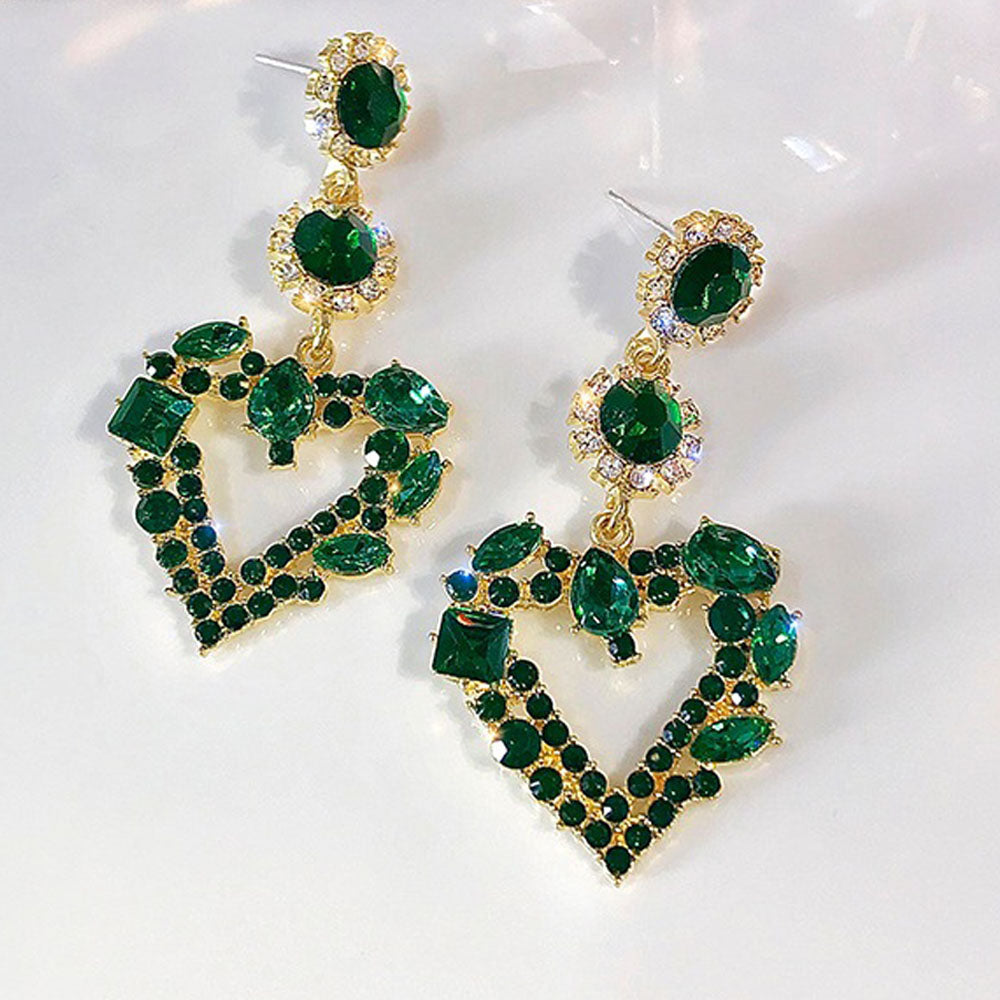 1 Pair Lady Heart Shaped Drop Earrings Fashion Elegant Party Green Rhinestone Ear Stud Jewelry Accessories