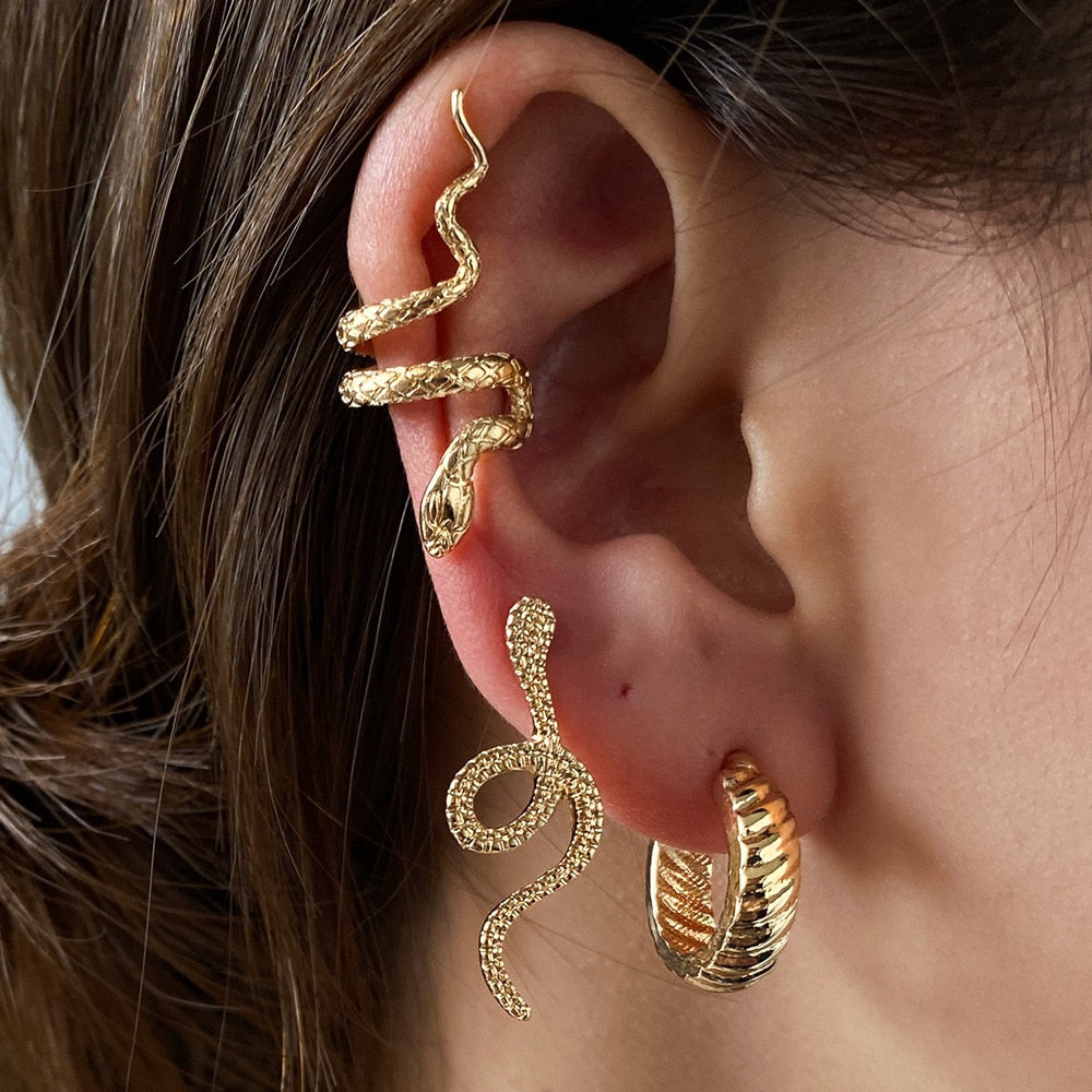 3PC Brass Snake Earing Clips Without Piercing Punk Non Pierced Clip Earrings for Women Men