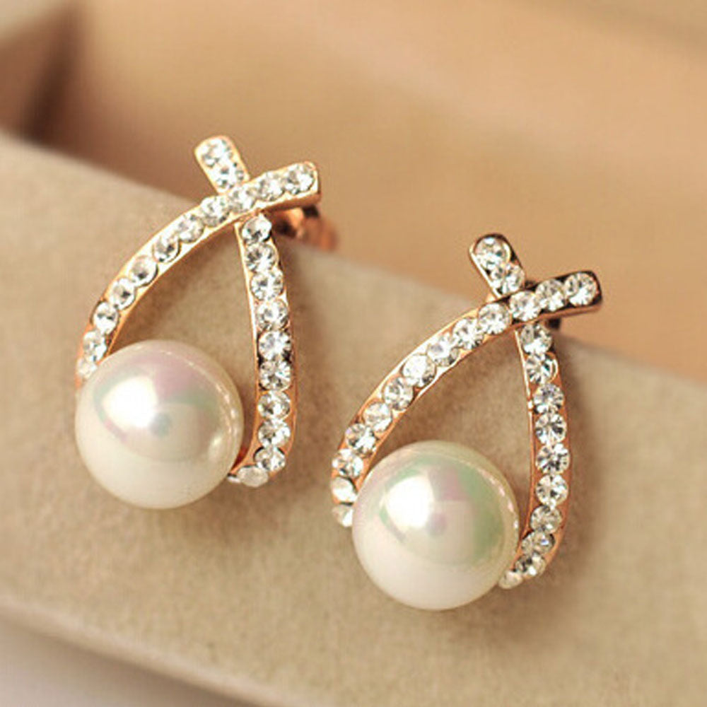 One Pair Women Cross Rhinestone Pearls Stud Earrings Fashion Sweet Elegant Earrings