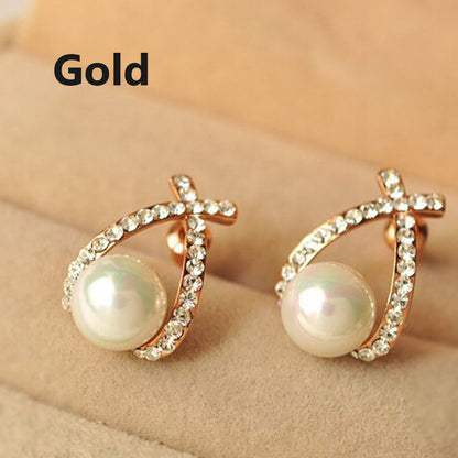 One Pair Women Cross Rhinestone Pearls Stud Earrings Fashion Sweet Elegant Earrings