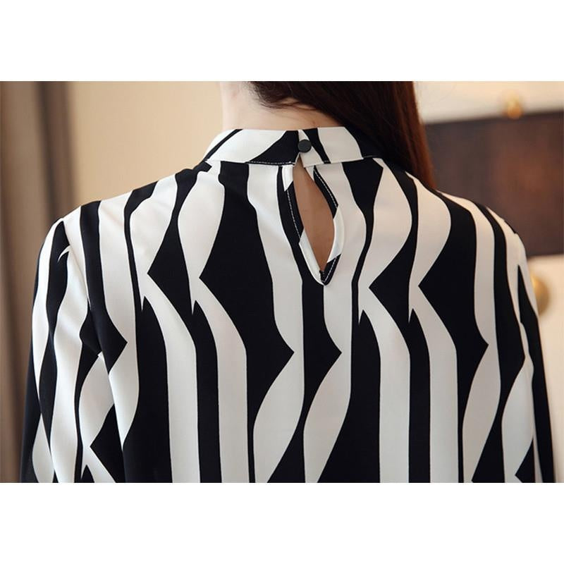 1 Pcs Women Autumn Long Sleeve Chiffon Shirts Fashion Striped Stand Collar Temperament Shirts