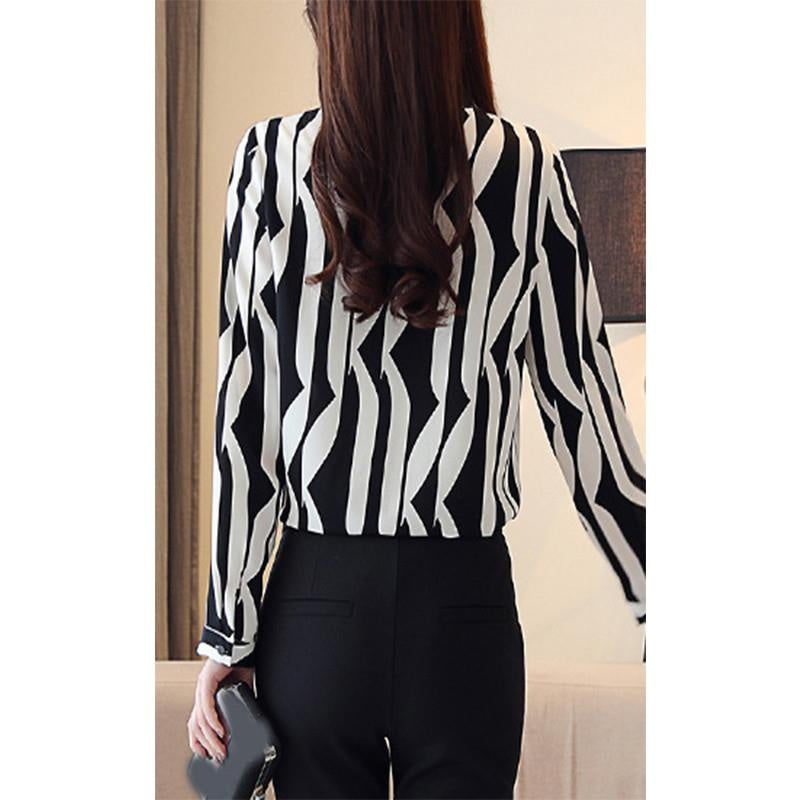 1 Pcs Women Autumn Long Sleeve Chiffon Shirts Fashion Striped Stand Collar Temperament Shirts