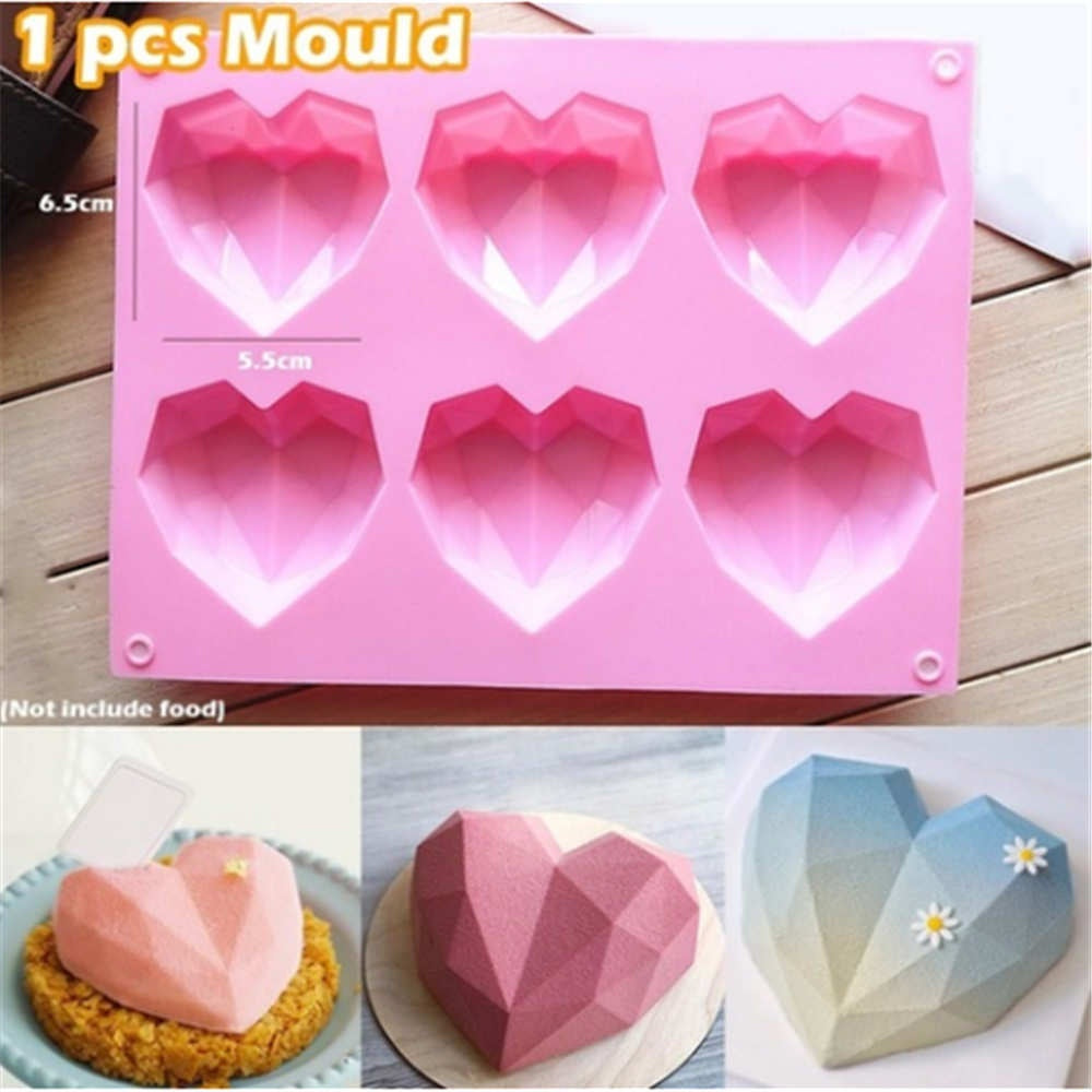 Silicone Cake Mold 6 Cavity Diamond Love Heart Shape Baking Mold christmas