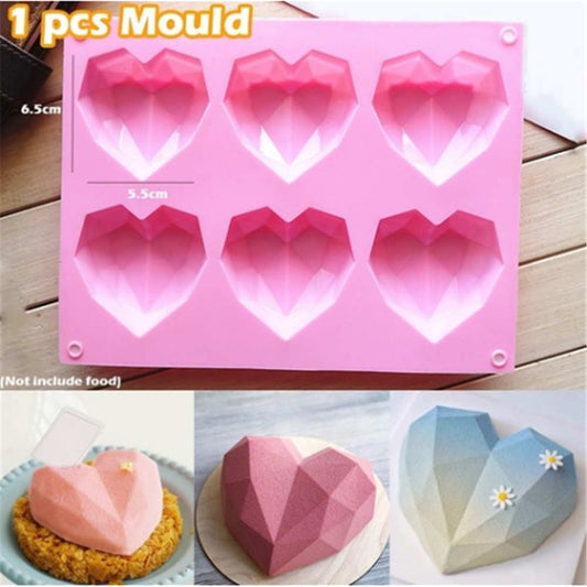 Silicone Cake Mold 6 Cavity Diamond Love Heart Shape Baking Mold christmas