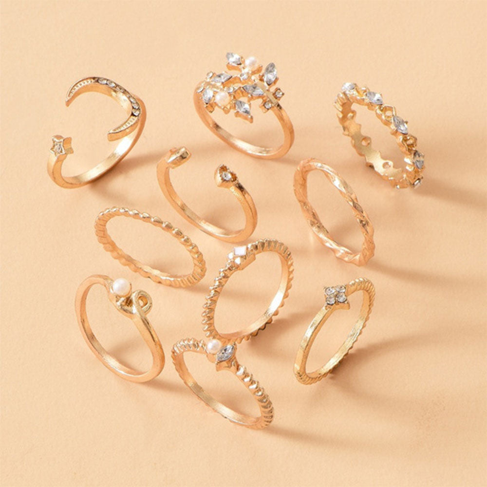 10 Pcs/Set Women Crystal Leaf Flower Moon Star Opening Heart Rings Fashion Geometric Gold Pearl Ring Jewelry