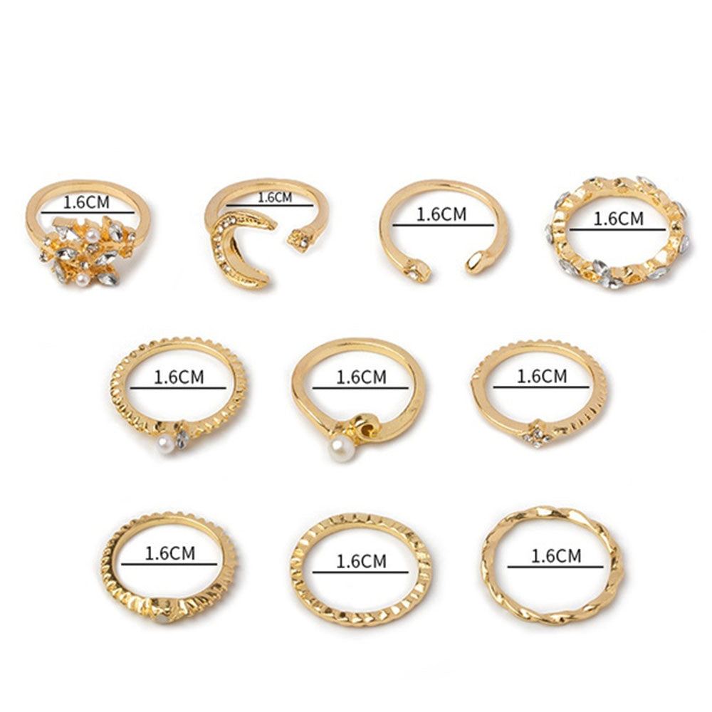 10 Pcs/Set Women Crystal Leaf Flower Moon Star Opening Heart Rings Fashion Geometric Gold Pearl Ring Jewelry