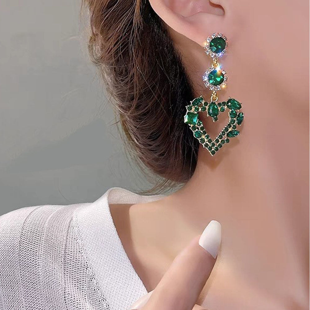 1 Pair Lady Heart Shaped Drop Earrings Fashion Elegant Party Green Rhinestone Ear Stud Jewelry Accessories