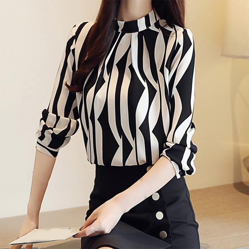 1 Pcs Women Autumn Long Sleeve Chiffon Shirts Fashion Striped Stand Collar Temperament Shirts