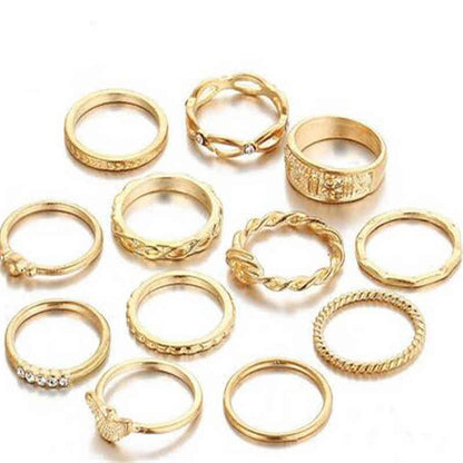 12 Pcs /Set Women Combination Ring Set Gold Color Inlay Diamond Carved Pattern Alloy Joint Ring