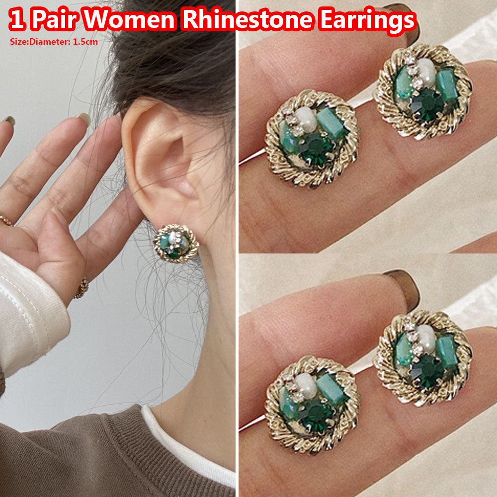 1 Pair Women Rhinestone Round Earrings Fashion Elegant Vintage Stud Earrings Jewerly Accessories