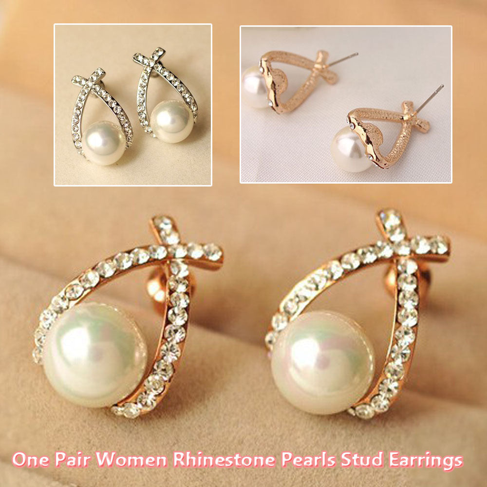 One Pair Women Cross Rhinestone Pearls Stud Earrings Fashion Sweet Elegant Earrings